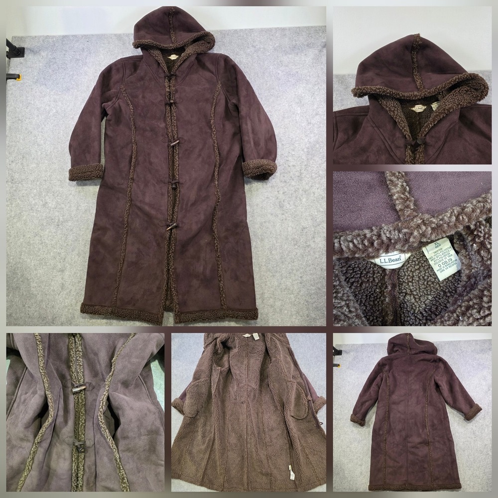 LL Bean Coat Womens XL Brown Faux Fur Lined Hooded Long Toggle Zip Shearling